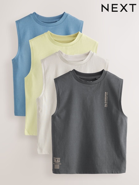 Grey/Blue/Green/Charcoal 100% Cotton Tank Vests 4 Pack (3-16yrs) (AT5350) | £15 - £21