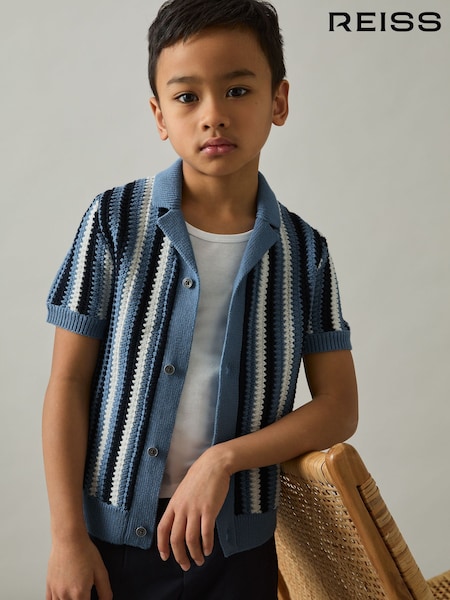 Reiss Airforce Blue Carrington 9-13 yrs Cotton Crochet Stripe Cuban Shirt (AT5438) | £46