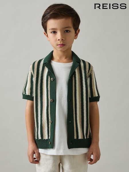 Reiss Green Carrington 9-13 yrs Cotton Crochet Stripe Cuban Shirt (AT5460) | £46