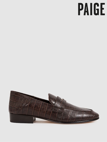 Chocolate - Paige Leather Crocodile-embossed Penny Loafers