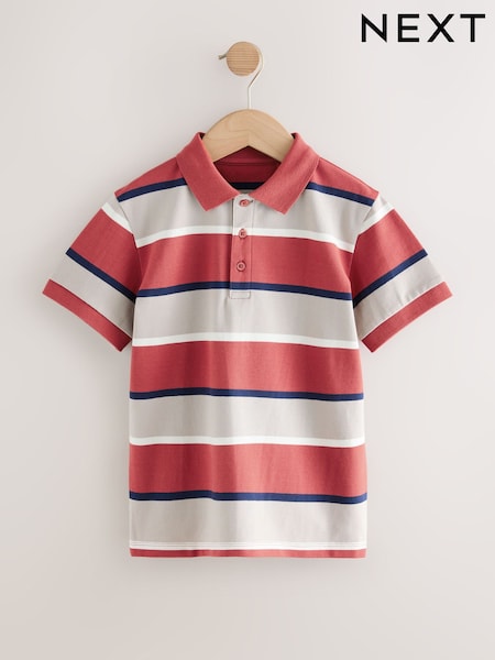 Red/Stone Stripe Short Sleeve Polo Shirt (3-16yrs) (AT5471) | £10 - £15