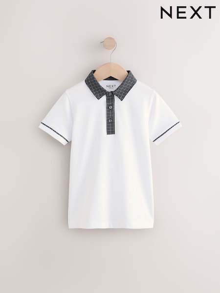 White/Black 100% Cotton Check Collar Short Sleeve Polo Shirt (3-16yrs) (AT5477) | £12 - £17