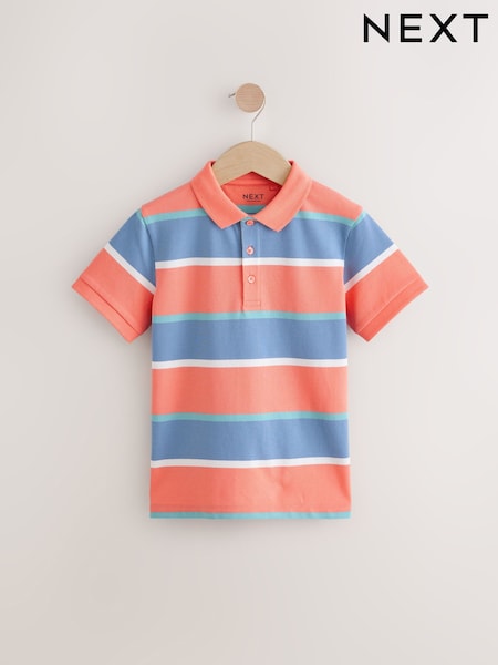 Coral/ Blue Stripe Short Sleeve Polo Shirt (3-16yrs) (AT5479) | £10 - £15