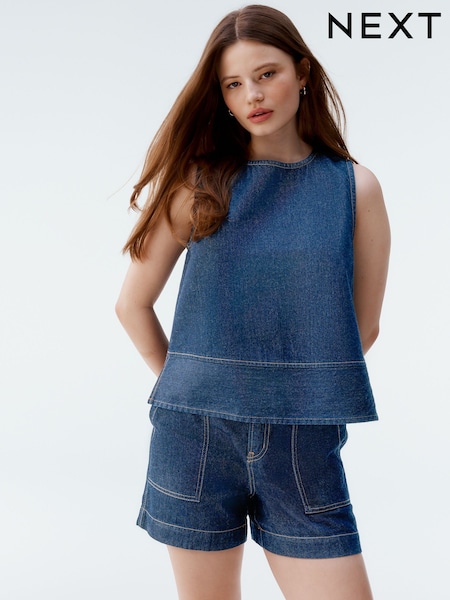 Mid Blue Round Neck Denim 100% Cotton Shell Top (AT5519) | £30