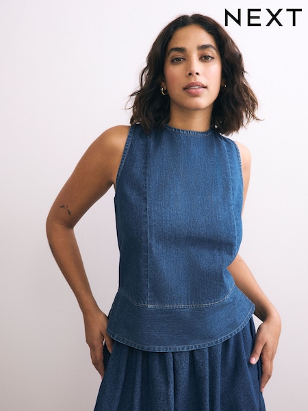 Mid Blue Fuller Bust Round Neck Denim 100% Cotton Shell Top (AT5525) | £30