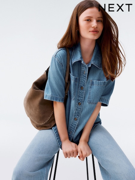 Mid Blue Oversized Short Sleeve 100% Cotton Denim Shirt (AT5531) | £28