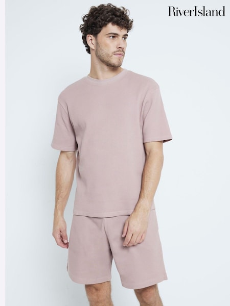River Island Pink 100% Cotton T-Shirt and Waffle Shorts Set (AT5540) | £28