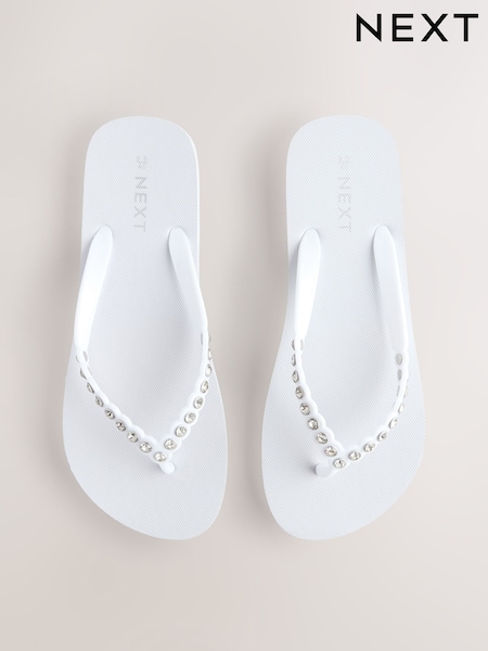 White Jewelled Beach Flip Flops (AT5547) | £18