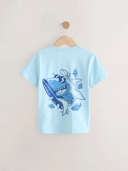 Blue Shark Back Print Short Sleeve Graphic Print T-Shirt (3-16yrs) (AT5581) | £7 - £10