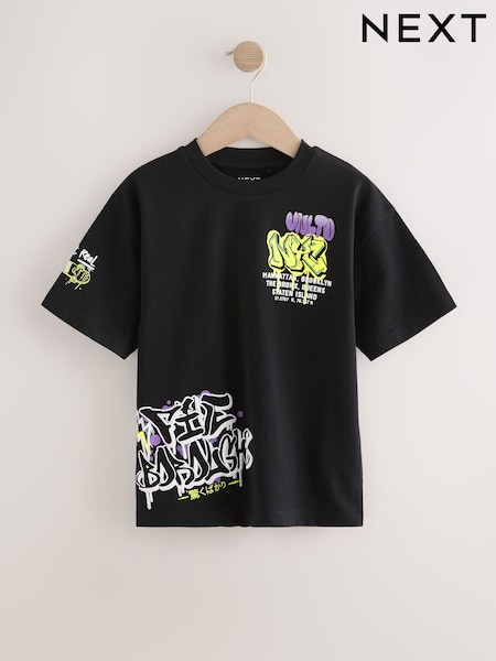 Black Graffiti Relaxed Fit Short Sleeve Graphic Print T-Shirt (3-16yrs) (AT5583) | £7 - £10