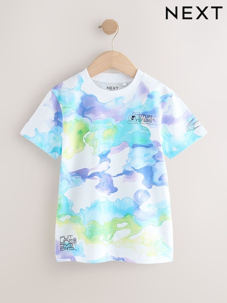 White/Blue Relaxed Fit Short Sleeve All-Over Print 100% Cotton T-Shirt (3-16yrs) (AT5600) | £10 - £13