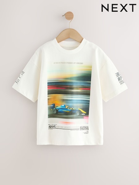 White Racing Car Relaxed Fit Short Sleeve Graphic T-Shirt (3-16yrs) (AT5606) | £7 - £10