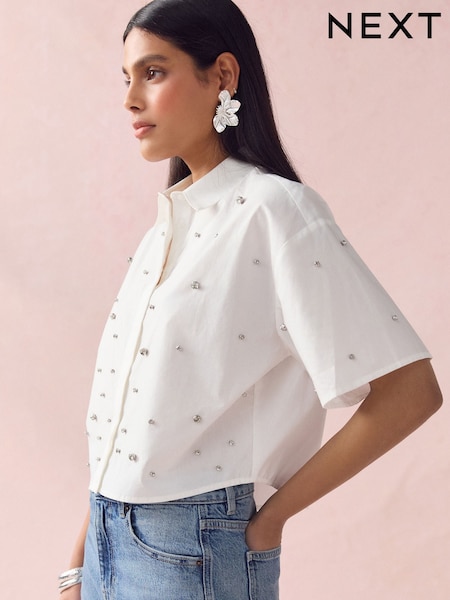 White Short Sleeve Gem Embellished Boxy Shirt (AT5633) | £45