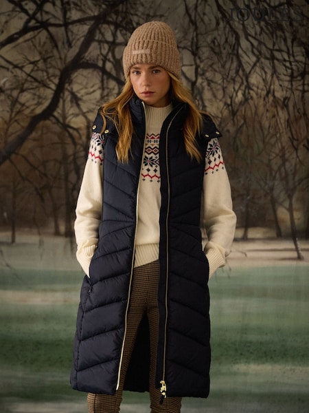 Joules Pembury Navy Longline Showerproof Padded Gilet with Hood (AT5651) | £99