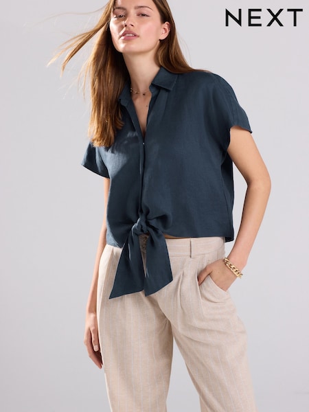 Slate Grey 100% Linen Tie Front Short Sleeve Shirt (AT5671) | £42