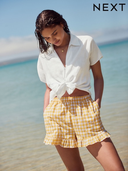 White 100% Linen Tie Front Short Sleeve Shirt (AT5672) | £42