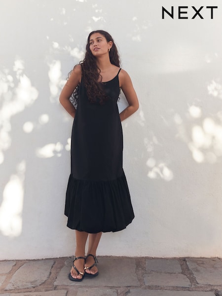 Black 100% Cotton Bubble Hem Midi Dress (AT5677) | £45