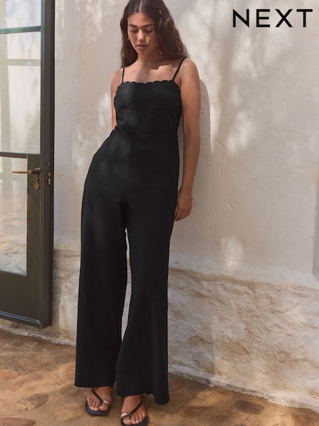 Black Cornelli Wide Leg Jumpsuit With Linen (AT5687) | £60