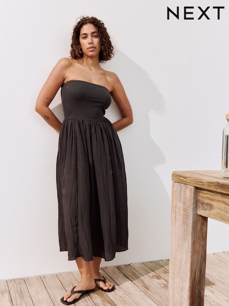 Black Bandeau Jersey Woven Mix Midi Dress (AT5710) | £38