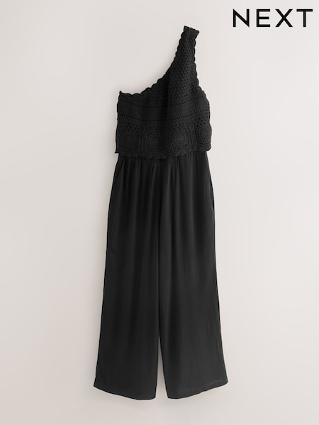 Black One Shoulder Crochet Mix Wide Leg Jumpsuit (AT5711) | £60
