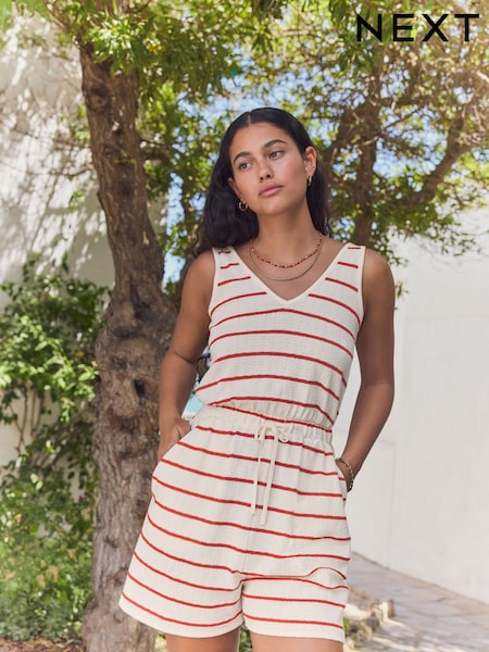 Red/Ecru Jersey V-Neck Playsuit (AT5715) | £28