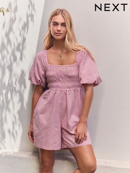 Pink/Yellow Off Shoulder Textured Playsuit (AT5720) | £36