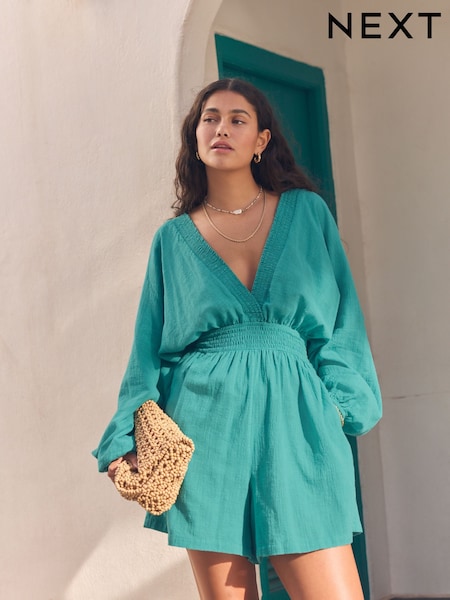 Teal Blue 100% Cotton Long Sleeve Playsuit (AT5721) | £34