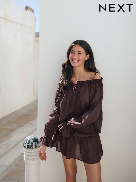 Chocolate Brown Off Shoulder Blouson Mini Dress (AT5868) | £32