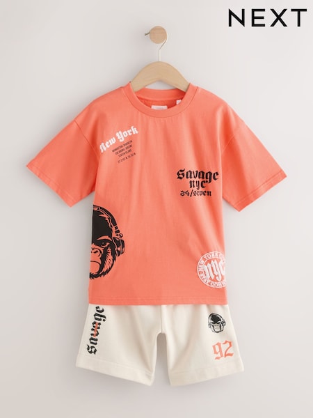 Coral/Ecru Gorilla Relaxed Fit Short Sleeve T-Shirt and Shorts Set (3-16yrs) (AT5935) | £15 - £23