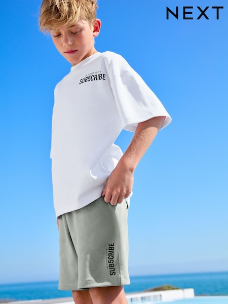 White/Sage Green Subscribe Boxy Fit Short Sleeve T-Shirt and Shorts Set (3-16yrs) (AT5940) | £15 - £23