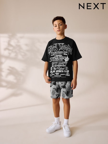 Black/White Graffiti Relaxed Fit Short Sleeve T-Shirt and Shorts Set (3-16yrs) (AT5941) | £17 - £25
