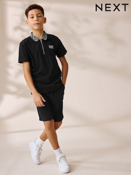 Black Geo Collar Short Sleeve Polo Shirt and Shorts Set (3-16yrs) (AT5946) | £15 - £23