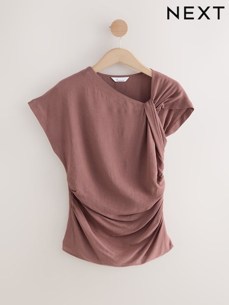 Rust Brown Drape Aymmetric Twist Neck Top (AT6011) | £0