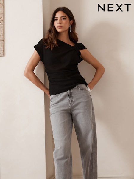 Black Drape Aymmetric Twist Neck Top (AT6013) | £28