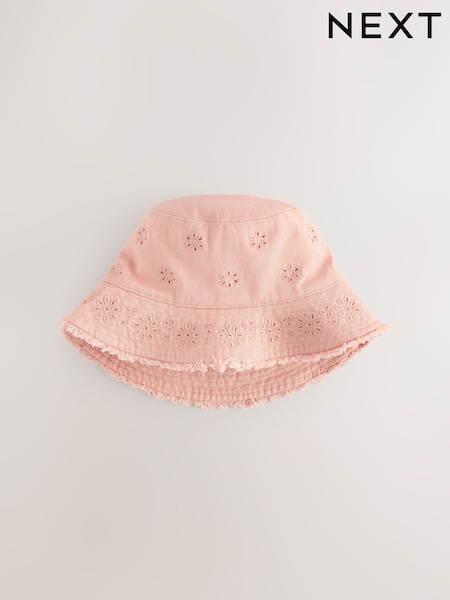 Pink 100% Cotton Broderie Anglais Flower Bucket Hat (3mths-16yrs) (AT6040) | £8.50 - £12.50