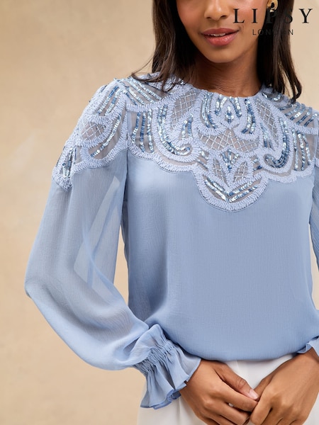 Lipsy Blue Embellished Sequin Long Sleeve Blouse (AT6226) | £55