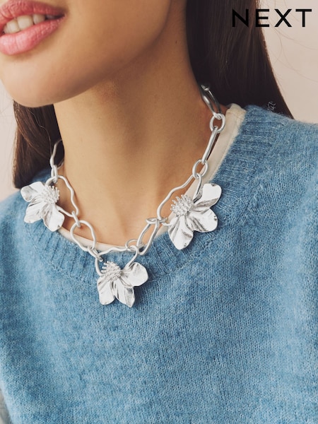 Silver Coloured Flower Statement Necklace (AT6272) | £20