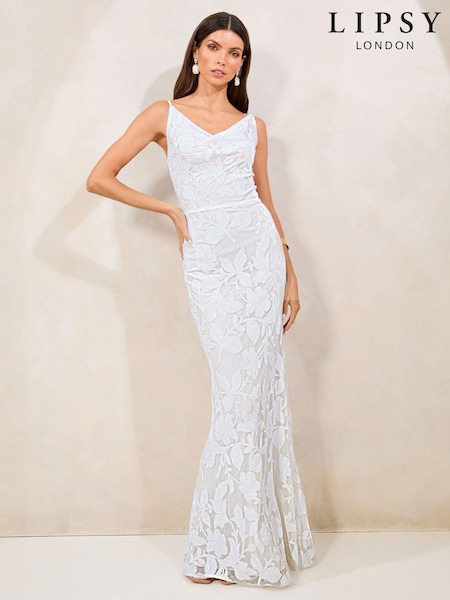 Lipsy White 2 Cowl Neck Sequin Maxi Dress (AT6287) | £150