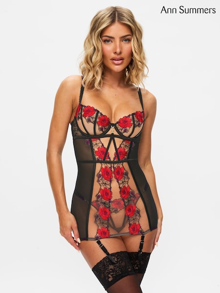 Ann Summers Black Caged Rose Floral Print Embroidery Non Pad Cami Suspenders (AT6329) | £60