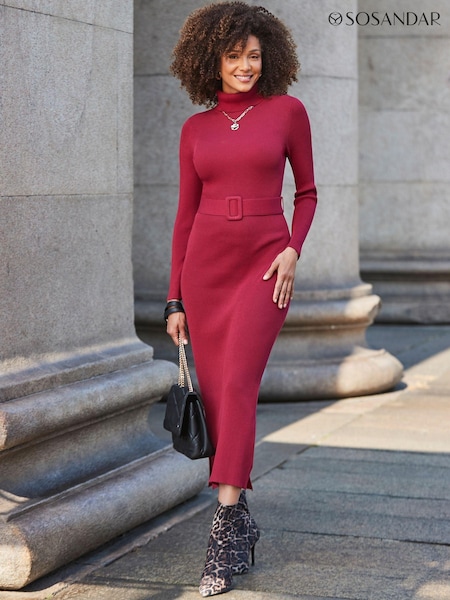 Sosandar Red Belted Ribbed Knit Midi Dress (AT6368) | £85