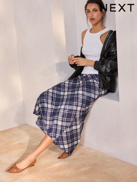 Blue Check Print Satin Midi Skirt (AT6490) | £35