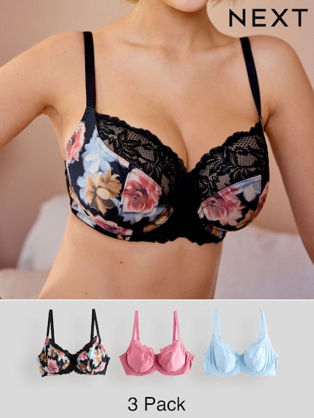 Blue/Pink/Floral 3 Pack DD+ Non Pad Wired Full Cup Microfibre Lace Bra (AT6510) | £45