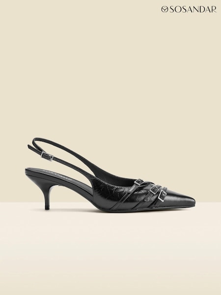 Sosandar Black Leather Buckle Detail Kitten Heel Slingbacks (AT6519) | £85