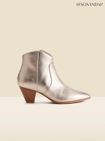 Sosandar Gold Leather Western Stack Heel Boots (AT6525) | £99