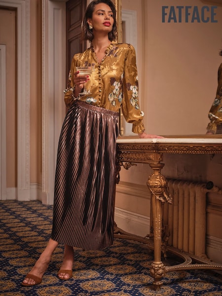 FatFace Talia Bronze Metallic Pleated Midi Skirt (AT6784) | £75