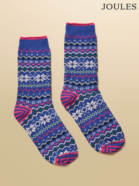Joules Lucille Blue Fair Isle Cotton Blend Socks (AT6941) | £9.95