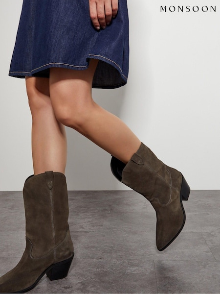 Monsoon Green Lana Suede Cowboy Boots (AT6954) | £99