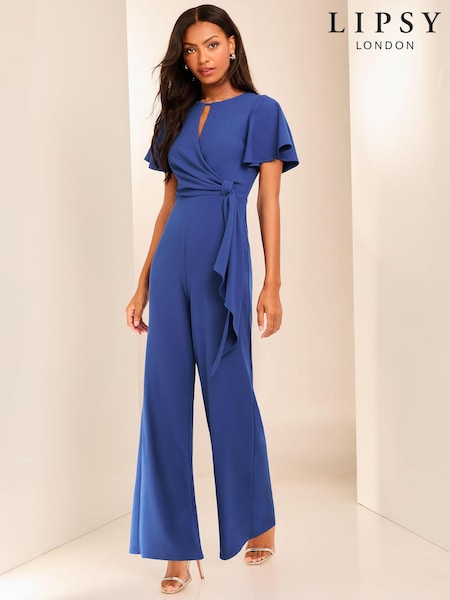 Lipsy Blue Flutter Sleeve Tie Side Wide Leg Jumpsuit (AT7254) | £58