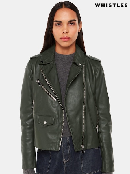 Whistles Green Agnes Pocket Leather Jacket (AT7286) | £299