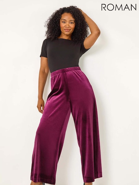 Roman Purple Petite Wide Leg Velvet Stretch Trousers (AT7445) | £45